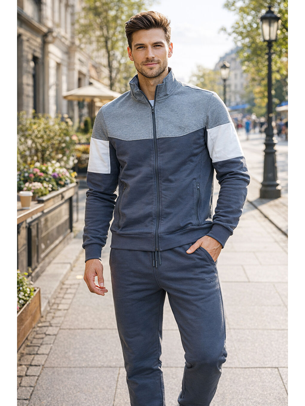 Gri Erkek Pamuklu Fermuarlı Eşofman Takımı 8023 Füme-2