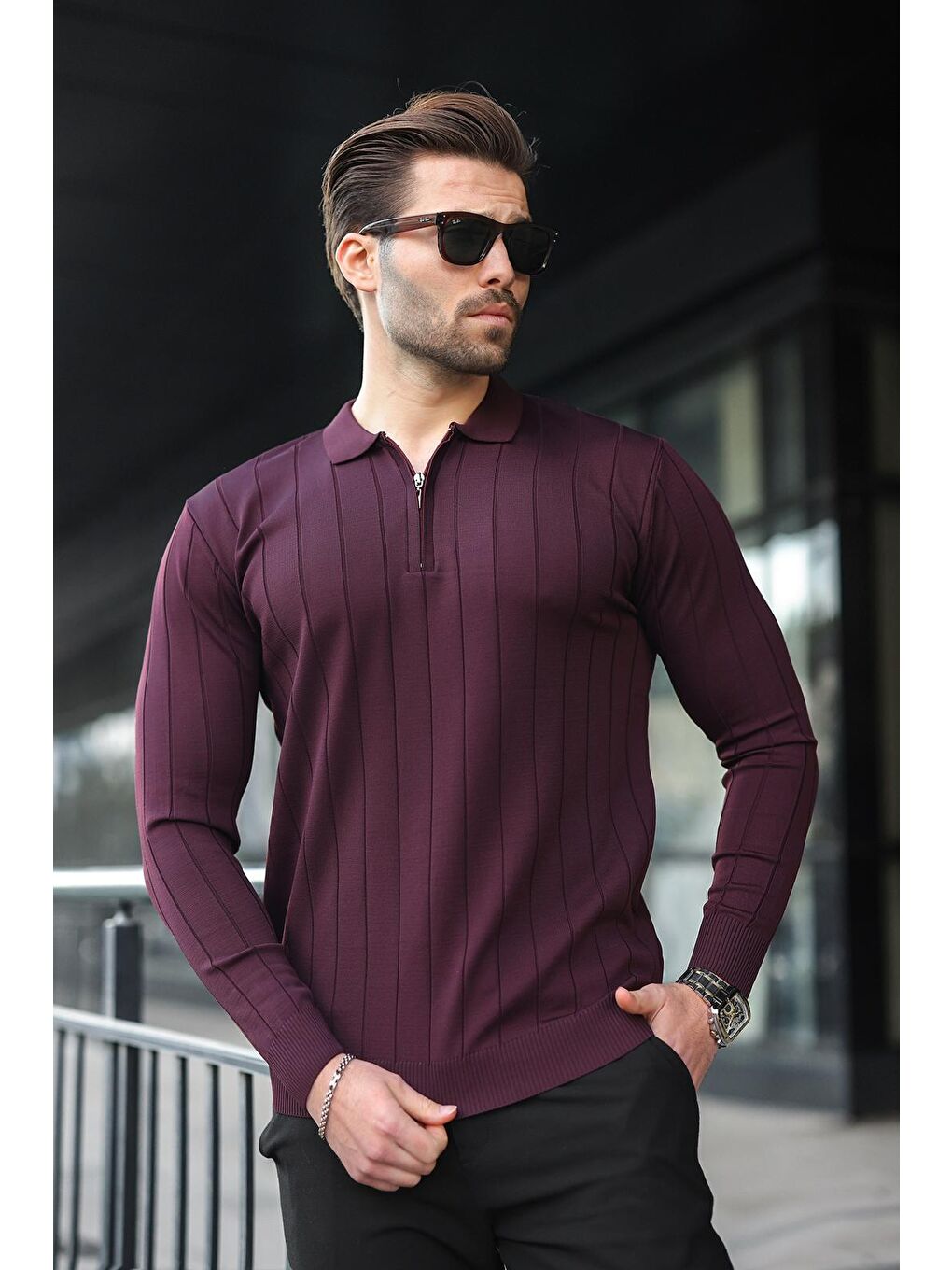 Bordo Polo Yaka Fermuarlı Örme Kazak-2