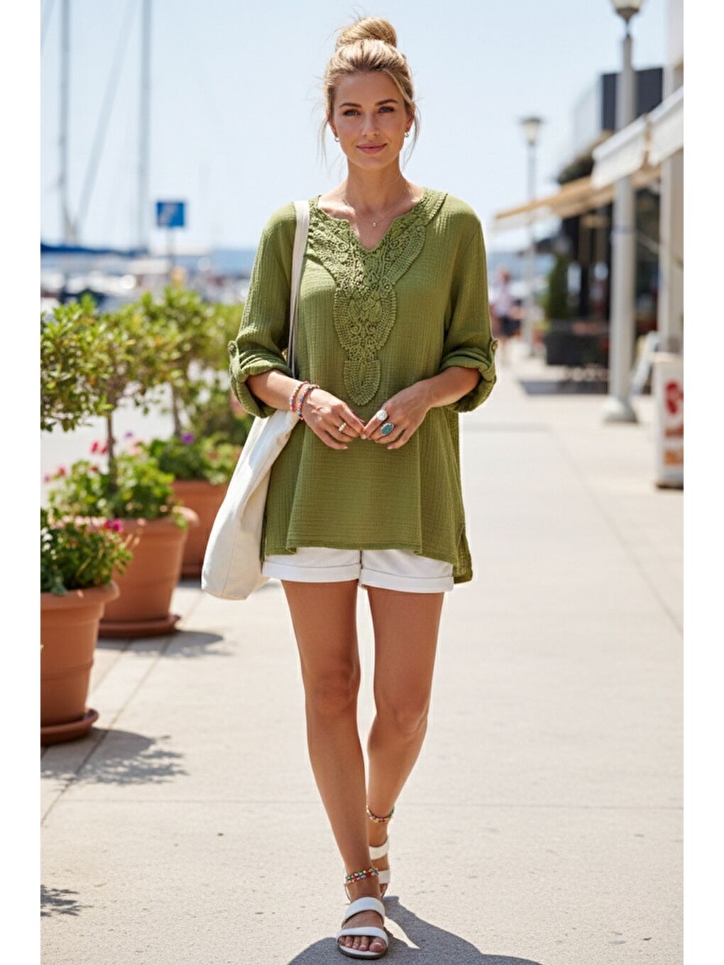 Yeşil Dantel Yaka Düğmeli 3/4 Kol Yıkamalı Casual Müslin Salaş Dokuma Bluz 74 65-3