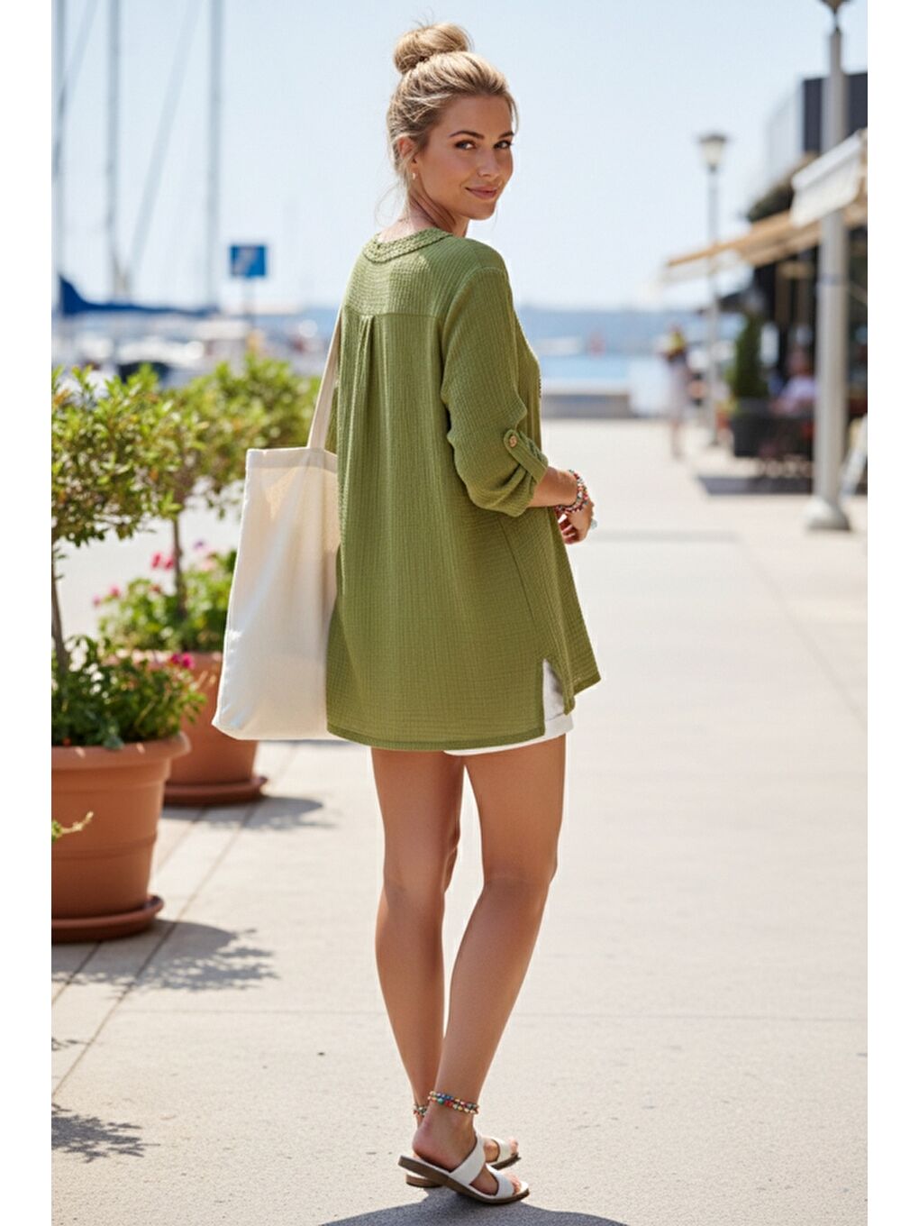 Yeşil Dantel Yaka Düğmeli 3/4 Kol Yıkamalı Casual Müslin Salaş Dokuma Bluz 74 65-4