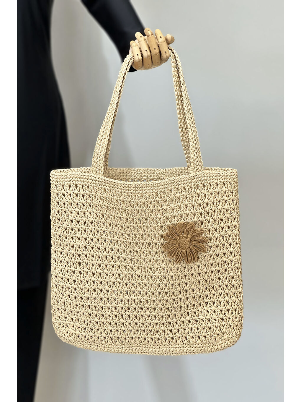 El Örgüsü Hasır Çanta Plaj Çantası 026 Bej03