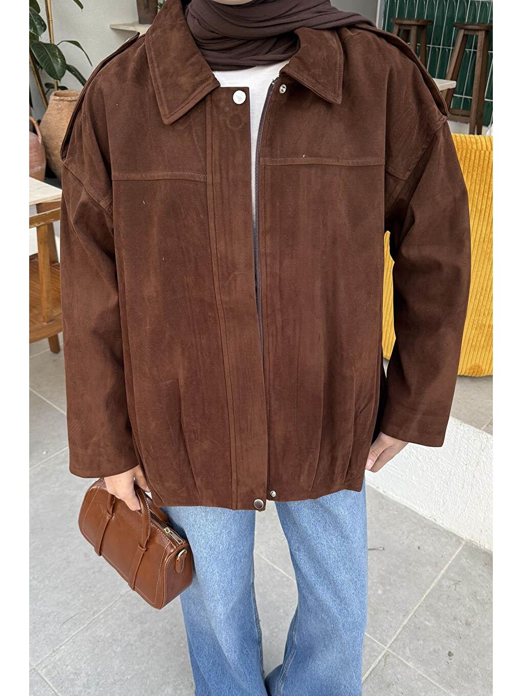 Omuz Apoletli Süet Mont Acı Kahverengi-2