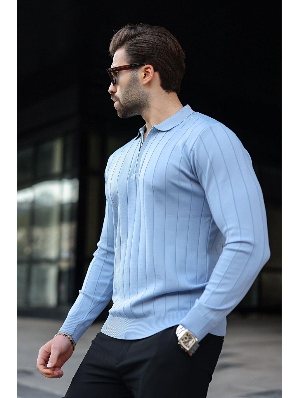 Mavi Polo Yaka Fermuarlı Örme Kazak-1