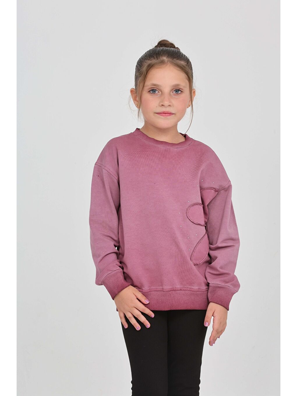 Mürdüm Kız Çocuk Çiçek Nakışlı Sweatshirt-1
