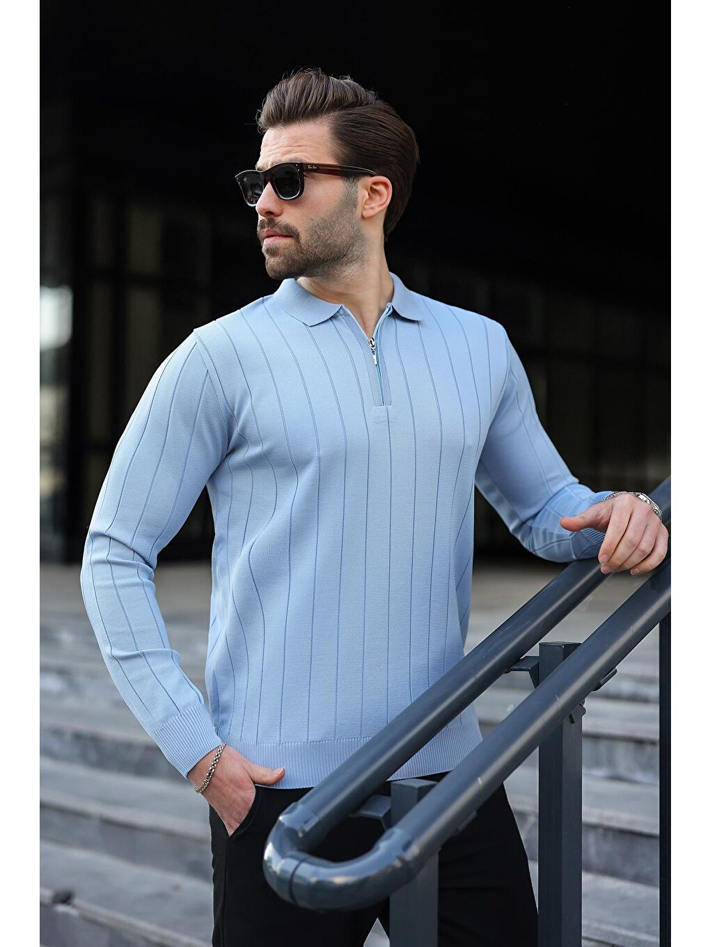 Mavi Polo Yaka Fermuarlı Örme Kazak-2