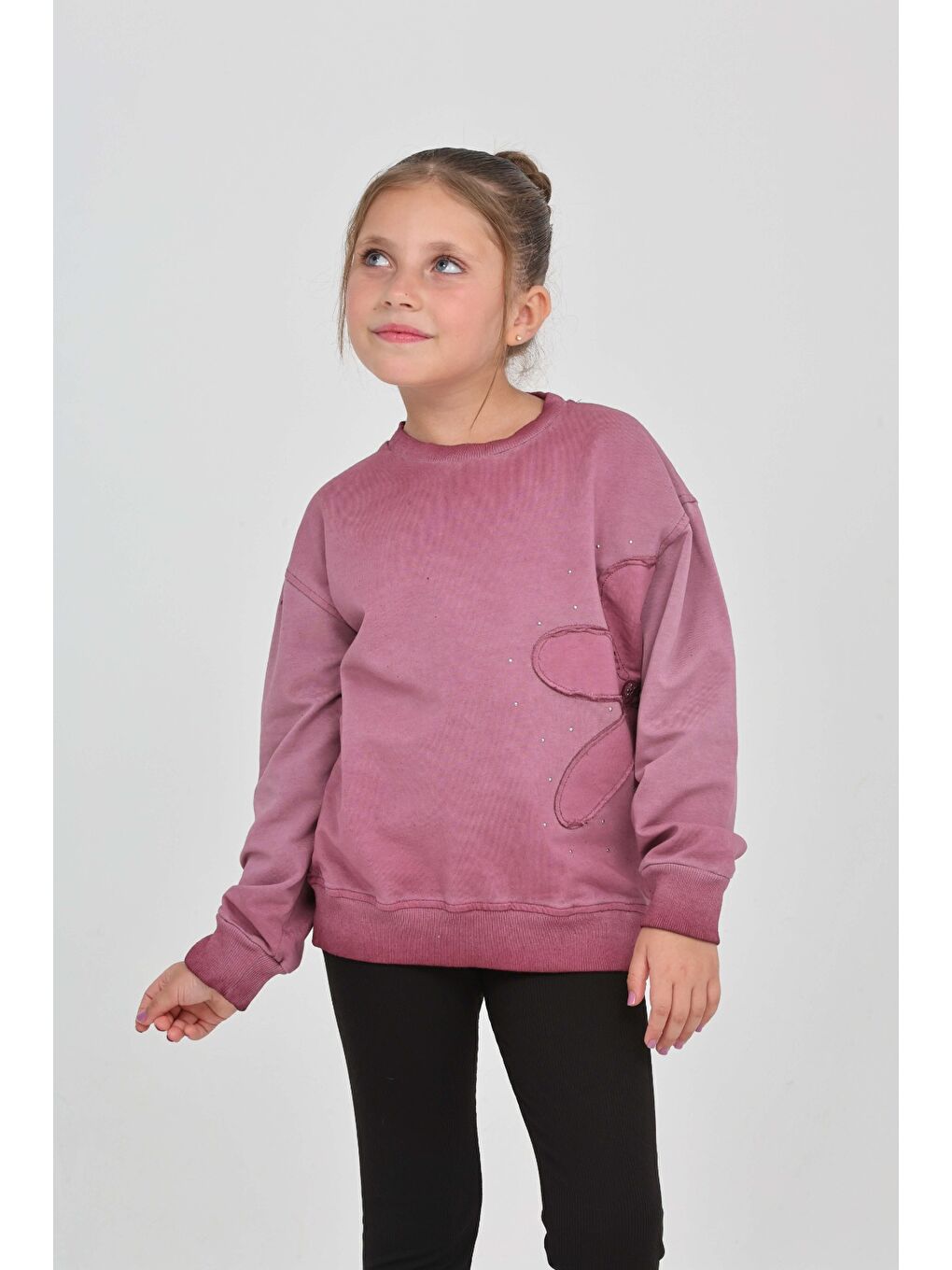Mürdüm Kız Çocuk Çiçek Nakışlı Sweatshirt-2