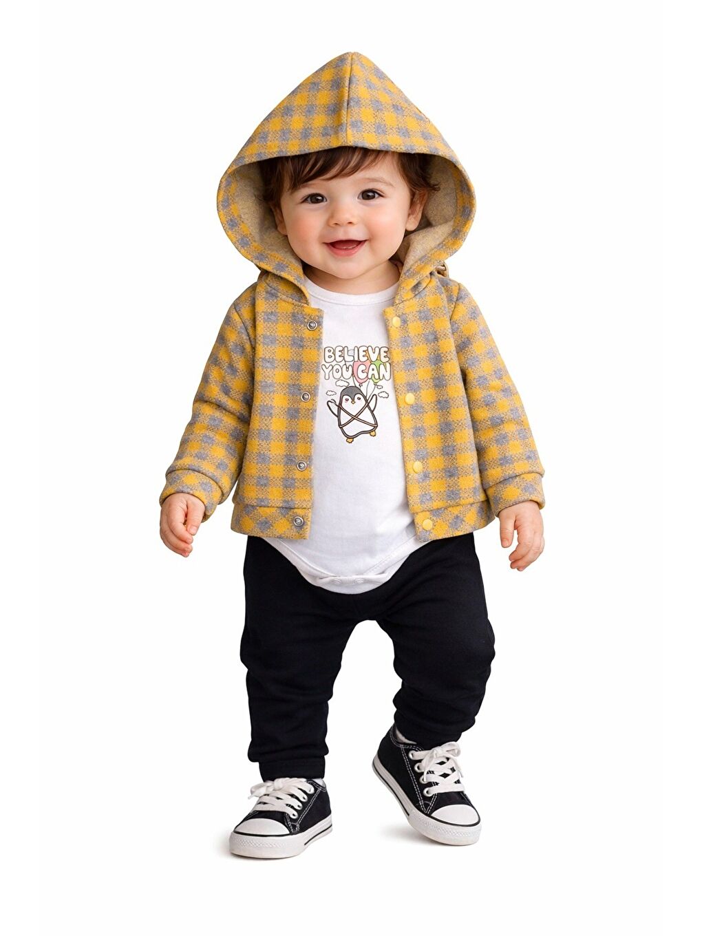 Sarı Erkek Bebek Kapüşonlu Kareli Gömlek Ceket Baskılı Tişörtlü zıbın Eşofman Altlı 3lü Takım