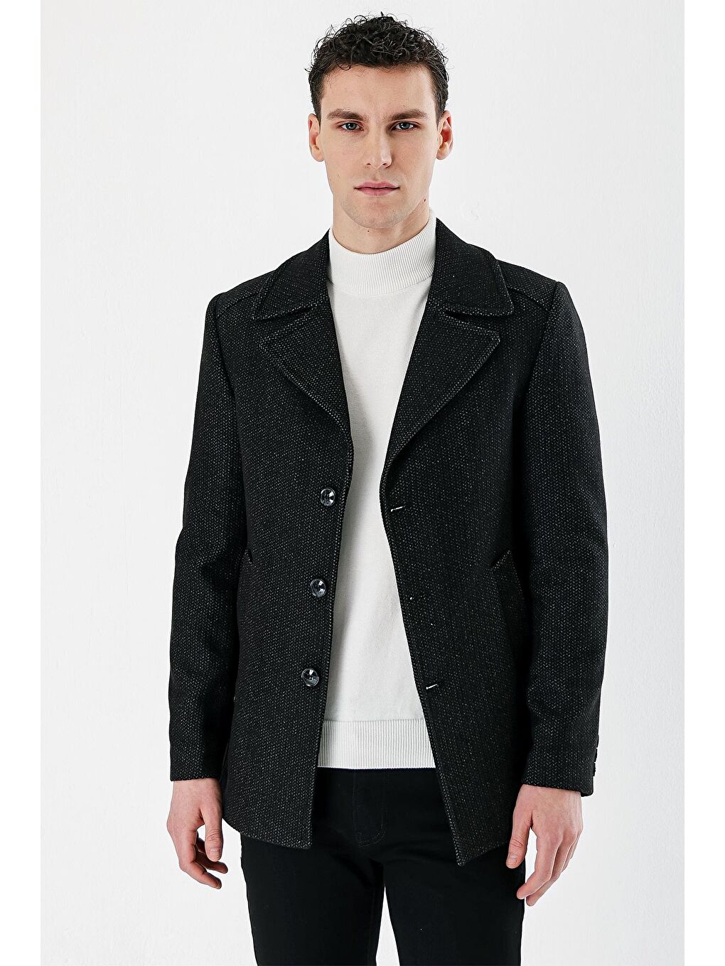 Gri Füme Kaşe Kırlangıç Yaka Desenli Yünlü Astarlı Slim Fit Dar Kesim Casual Mont 1007235173-1