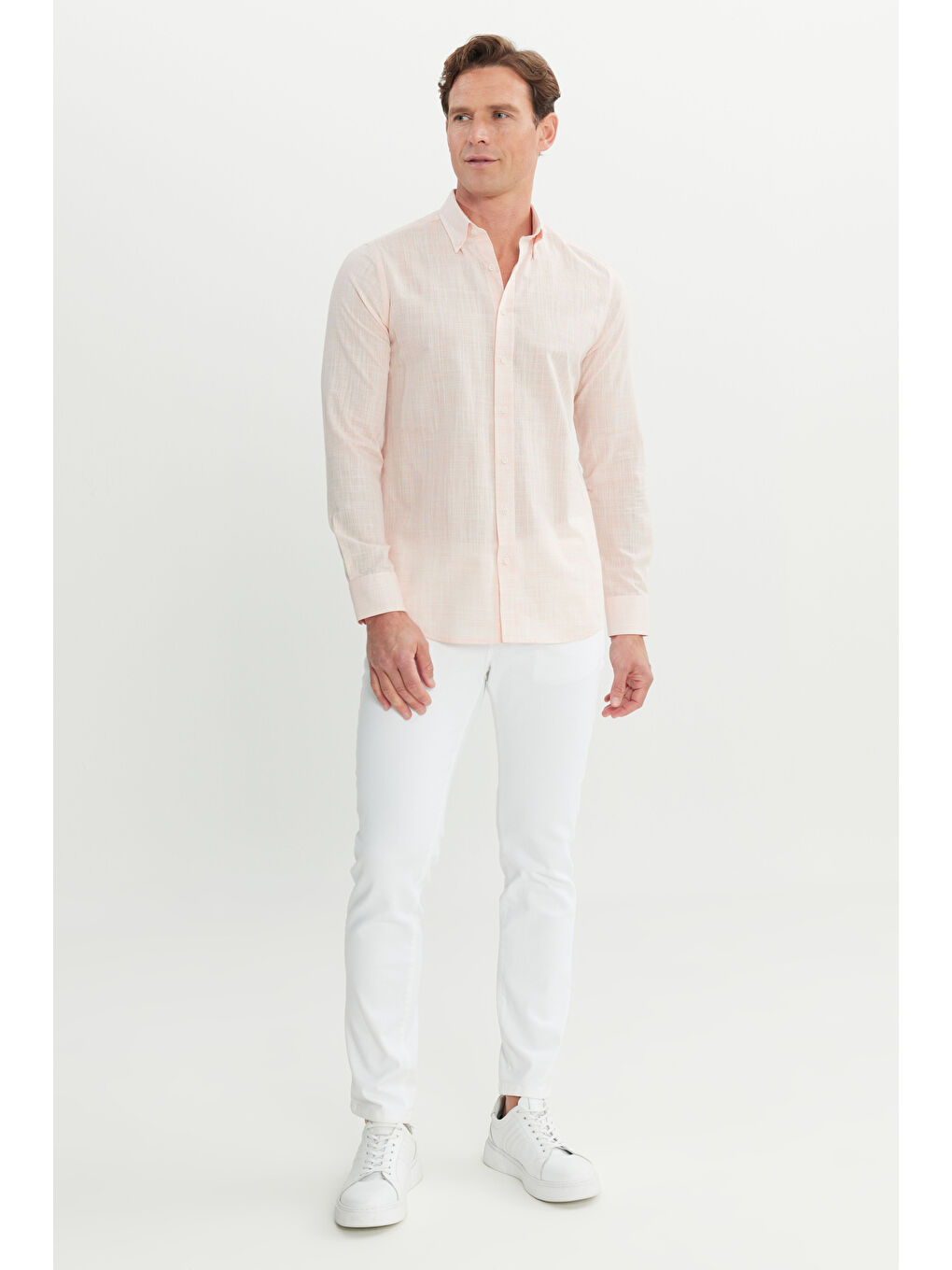 Turuncu Erkek Yavruağzı %100 Pamuk Slim Fit Düğmeli Yaka Gömlek-1