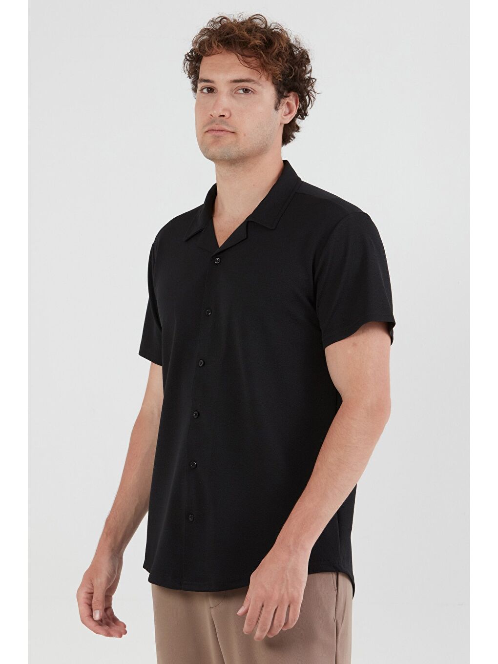 Siyah Basic Krep Kumaş Düğmeli Gömlek-2