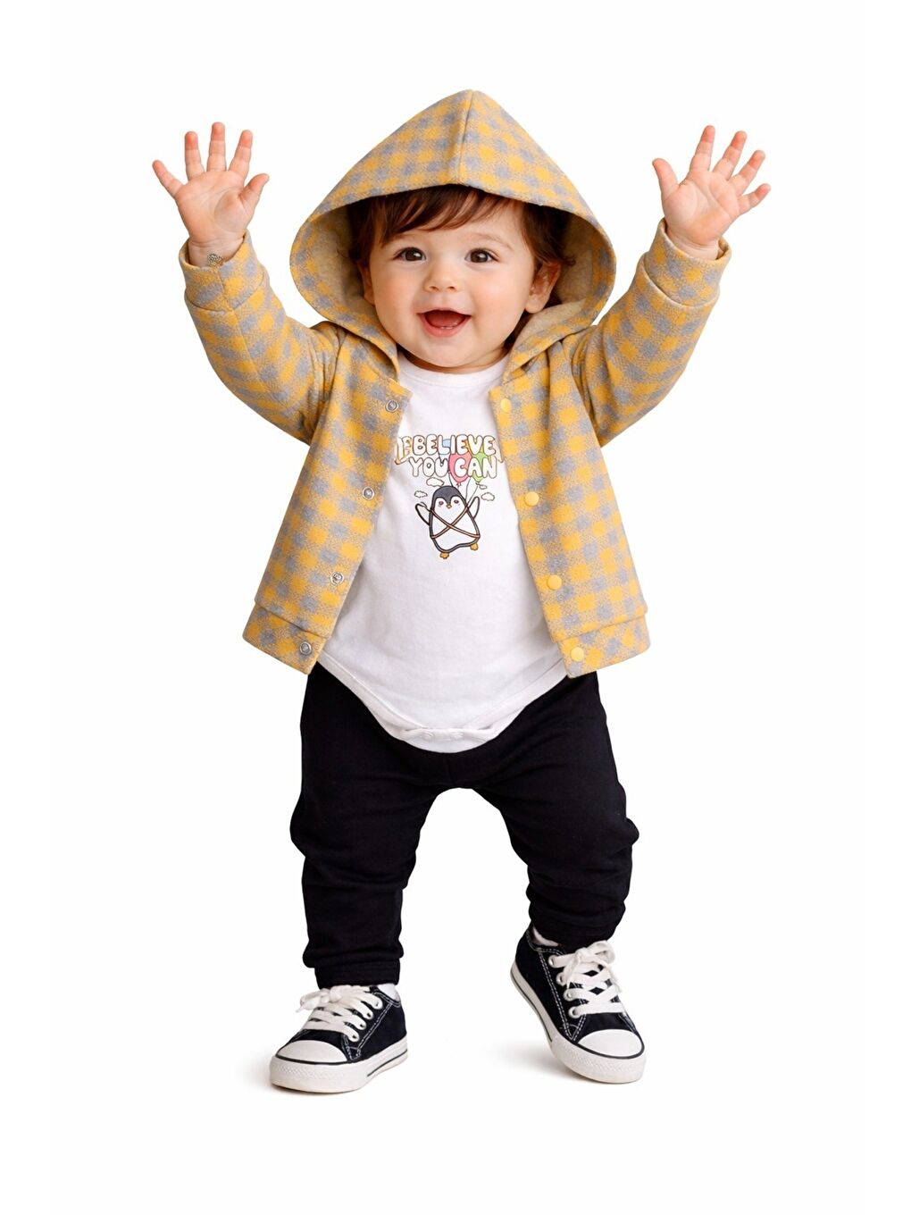 Sarı Erkek Bebek Kapüşonlu Kareli Gömlek Ceket Baskılı Tişörtlü zıbın Eşofman Altlı 3lü Takım-1