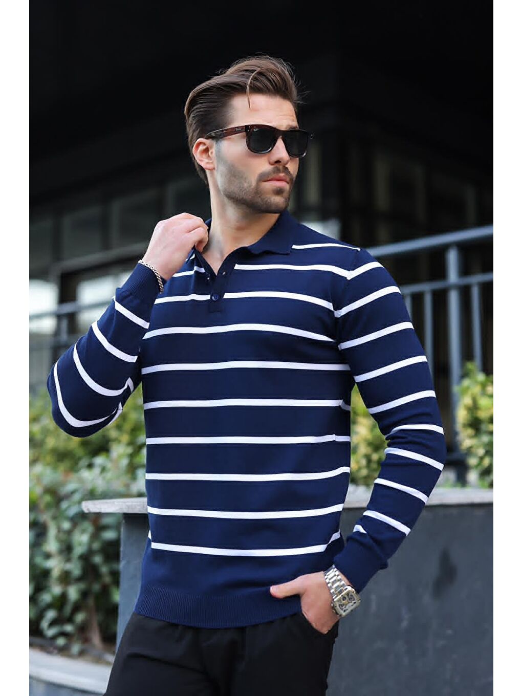 Lacivert Düğmeli Polo Yaka Çizgili Uzun Kollu Kazak 7263-1