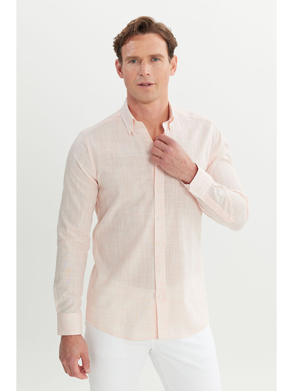 Turuncu Erkek Yavruağzı %100 Pamuk Slim Fit Düğmeli Yaka Gömlek-2