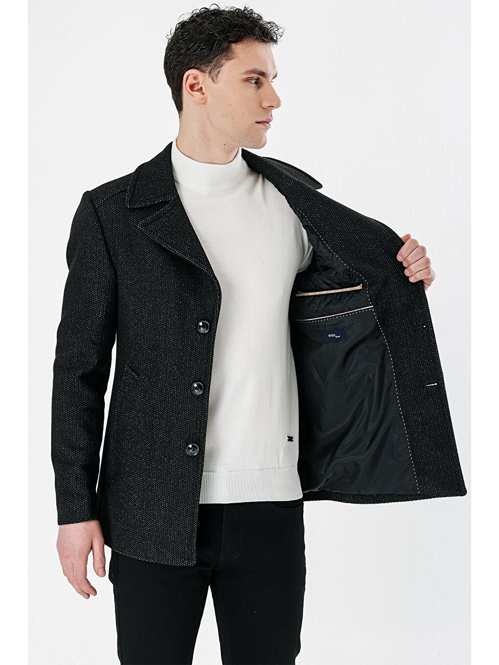 Gri Füme Kaşe Kırlangıç Yaka Desenli Yünlü Astarlı Slim Fit Dar Kesim Casual Mont 1007235173-2