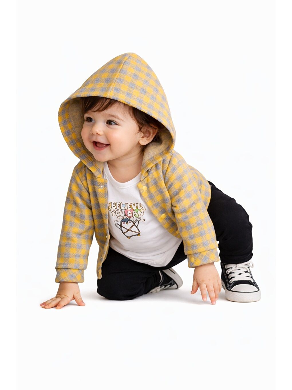 Sarı Erkek Bebek Kapüşonlu Kareli Gömlek Ceket Baskılı Tişörtlü zıbın Eşofman Altlı 3lü Takım-2