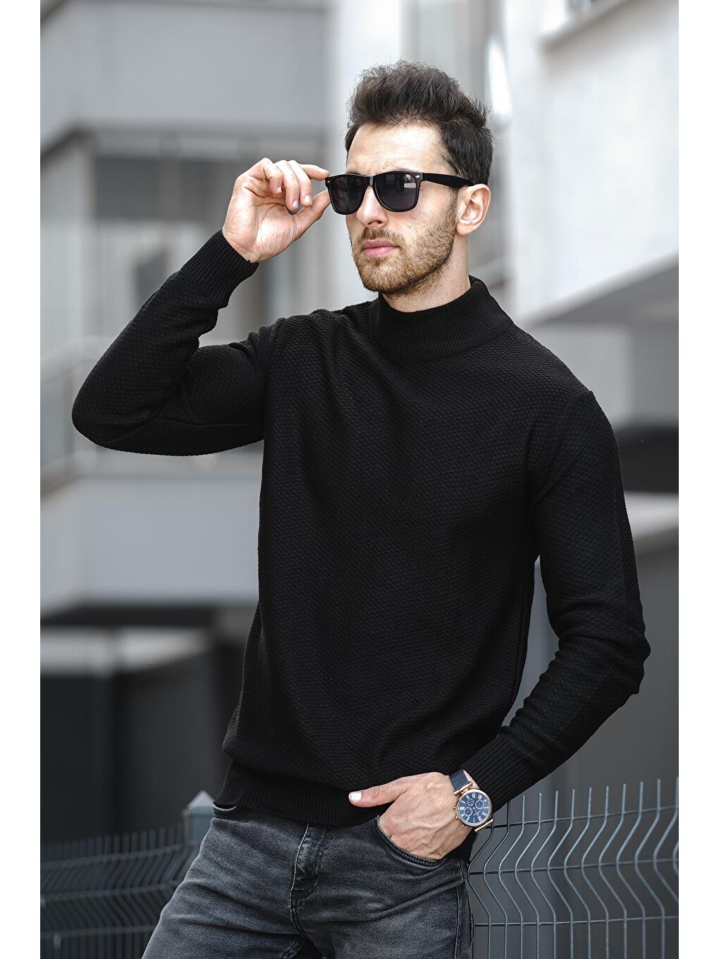 Siyah Seka 509 Slim Fit Petek Örgü Erkek Yarım Balıkçı Kazak