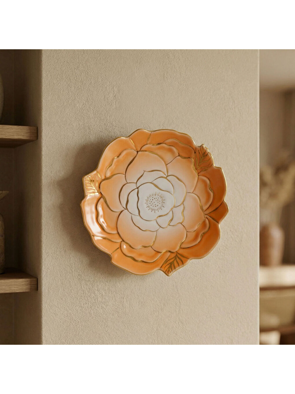 Ekru Rose Premium El Dekoru Dekoratif Porselen Tabak 21 cm Turuncu