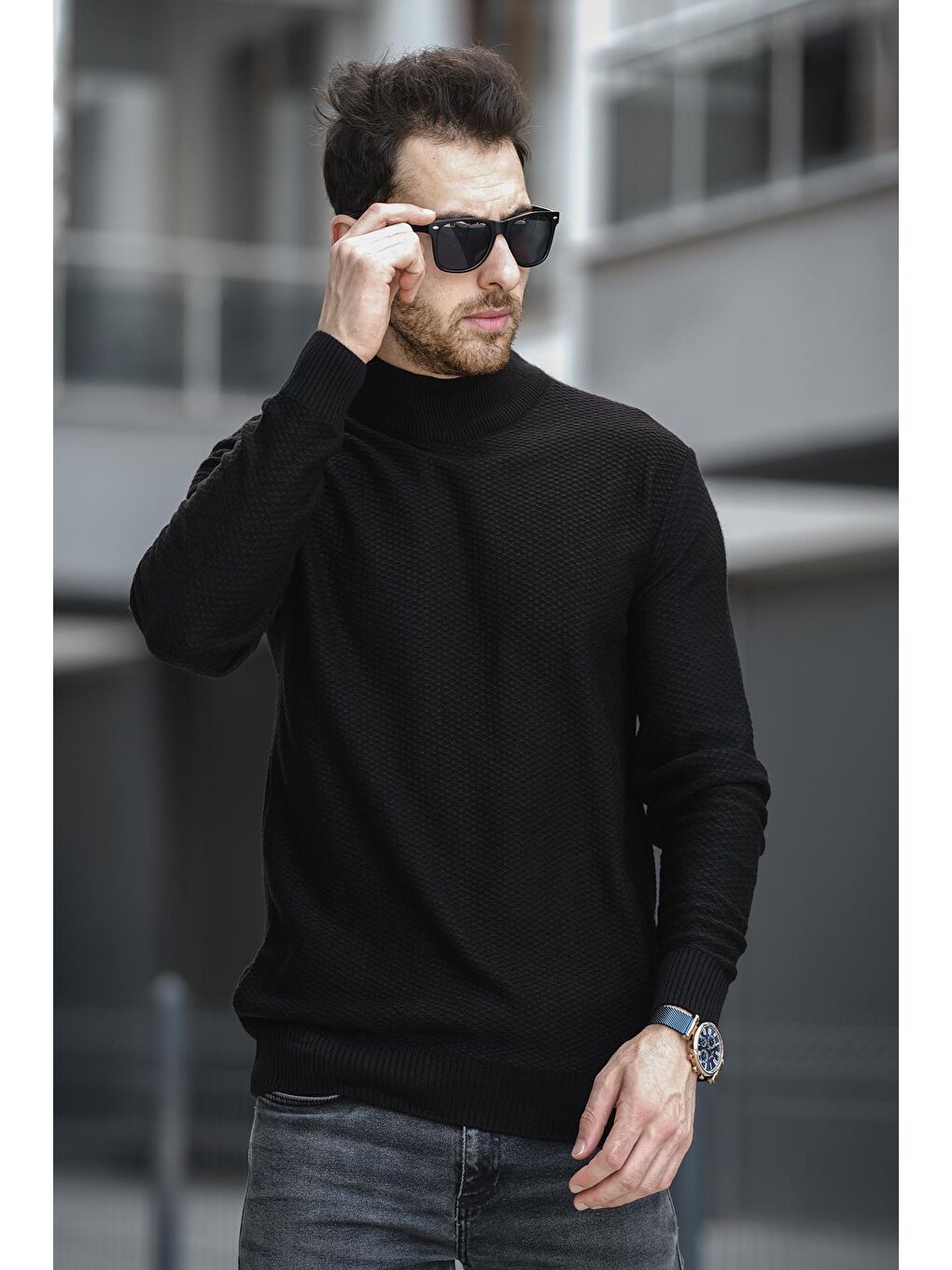 Siyah Seka 509 Slim Fit Petek Örgü Erkek Yarım Balıkçı Kazak-1