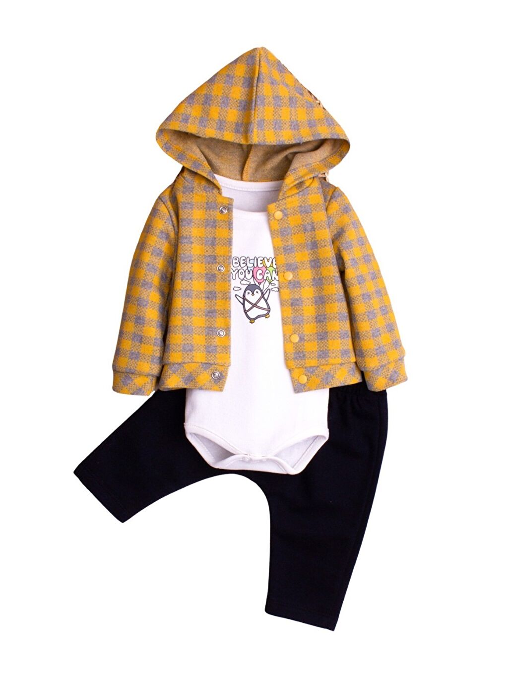 Sarı Erkek Bebek Kapüşonlu Kareli Gömlek Ceket Baskılı Tişörtlü zıbın Eşofman Altlı 3lü Takım-3