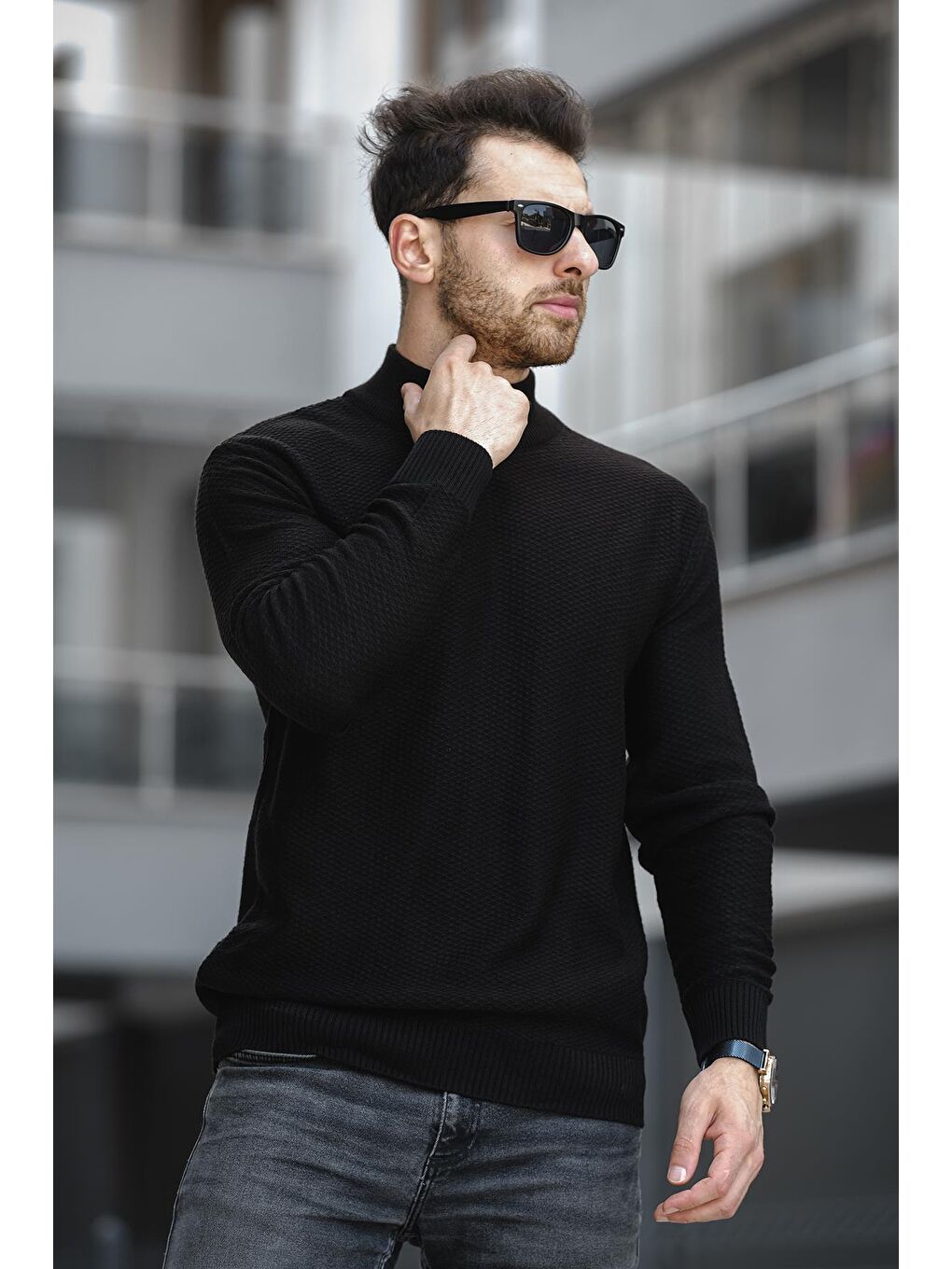 Siyah Seka 509 Slim Fit Petek Örgü Erkek Yarım Balıkçı Kazak-2