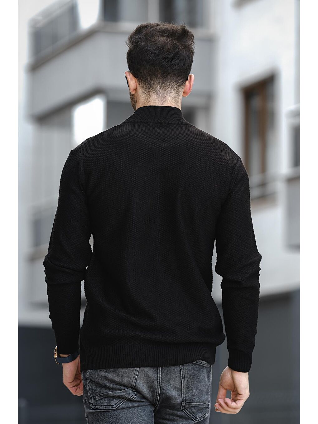 Siyah Seka 509 Slim Fit Petek Örgü Erkek Yarım Balıkçı Kazak-3