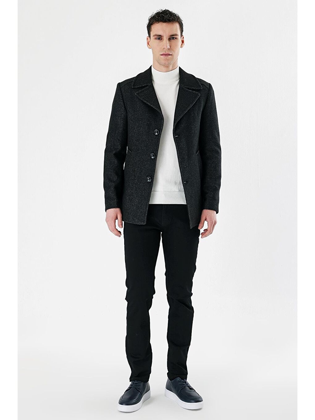 Gri Füme Kaşe Kırlangıç Yaka Desenli Yünlü Astarlı Slim Fit Dar Kesim Casual Mont 1007235173-3