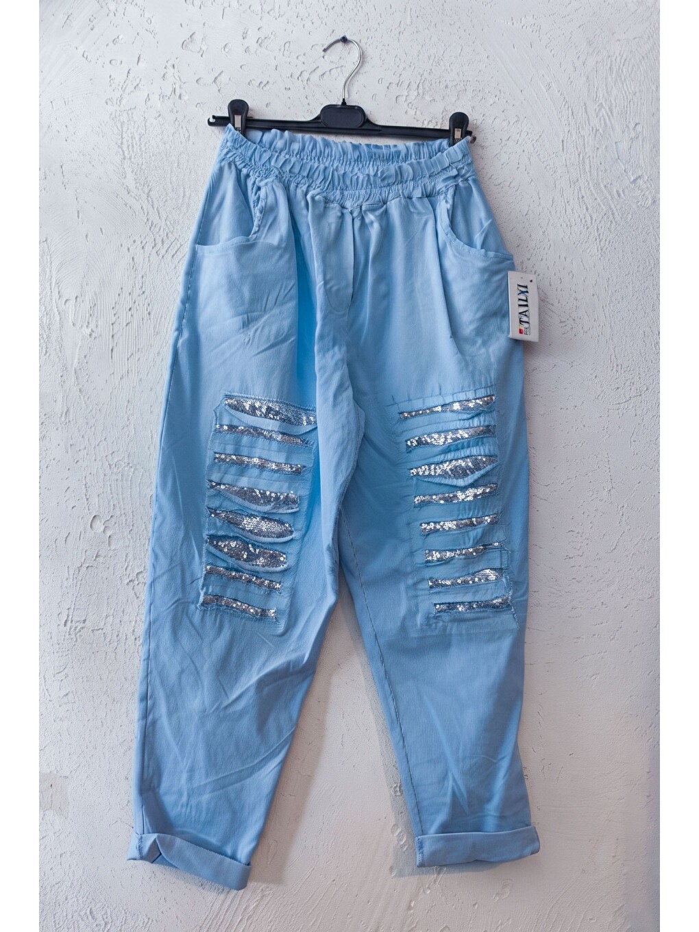 İtalyan Mavi Cepli Pul Payetli Lastikli Bel Dar Paça Casual Dokuma Pantolon 95 65-1
