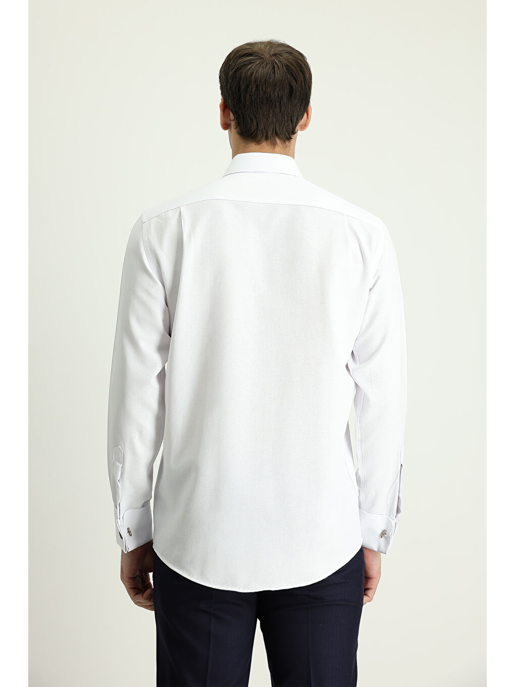 Beyaz Uzun Kol Klasik Desenli Manşetli Pamuklu Gömlek-2