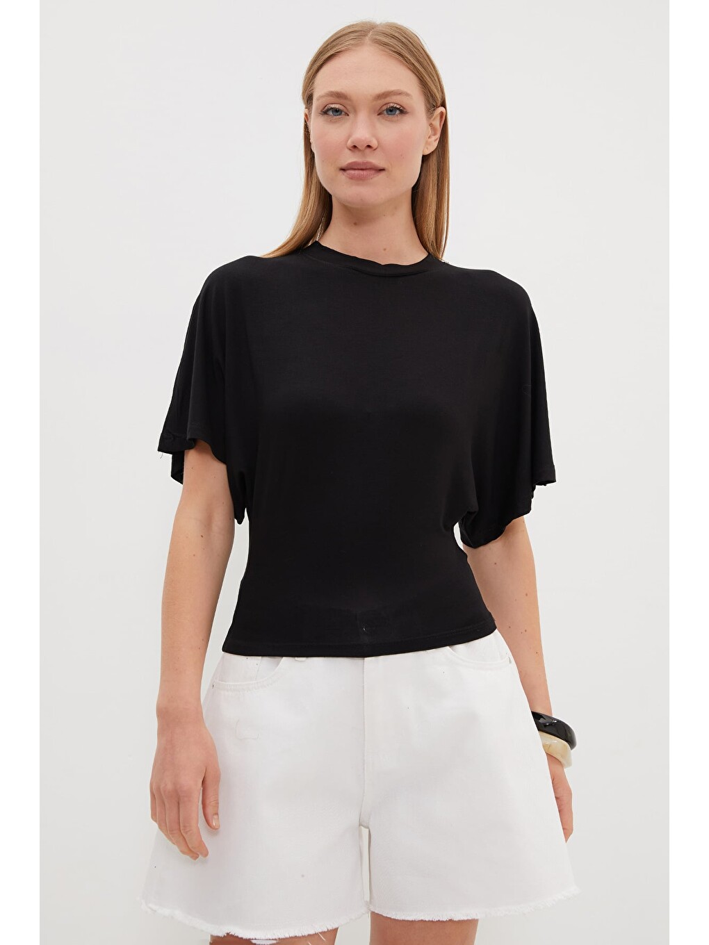 Siyah Yarasa Kol Bisiklet Yaka Crop Bluz-1