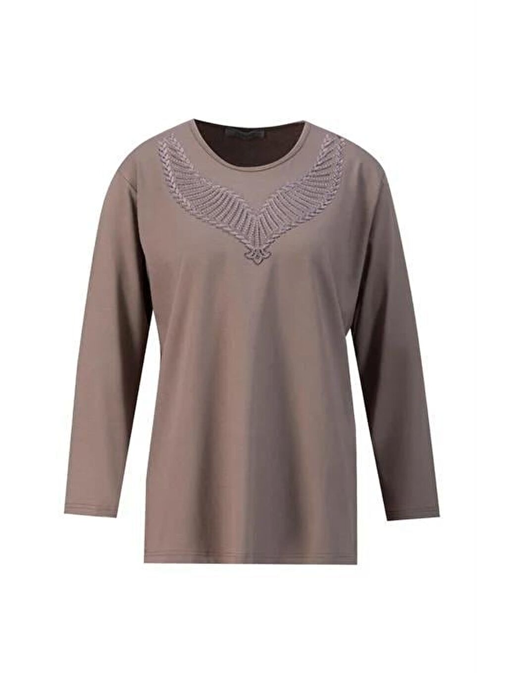 Bej Nakış Detaylı Penye Bluz 24Yd9015 Vizon