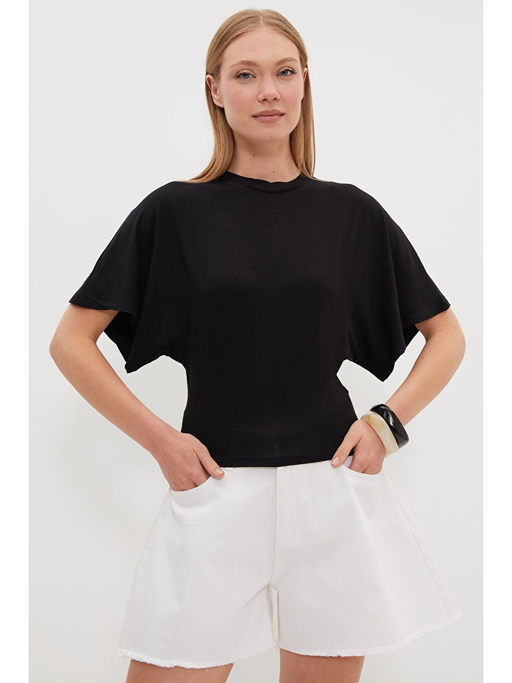 Siyah Yarasa Kol Bisiklet Yaka Crop Bluz-3