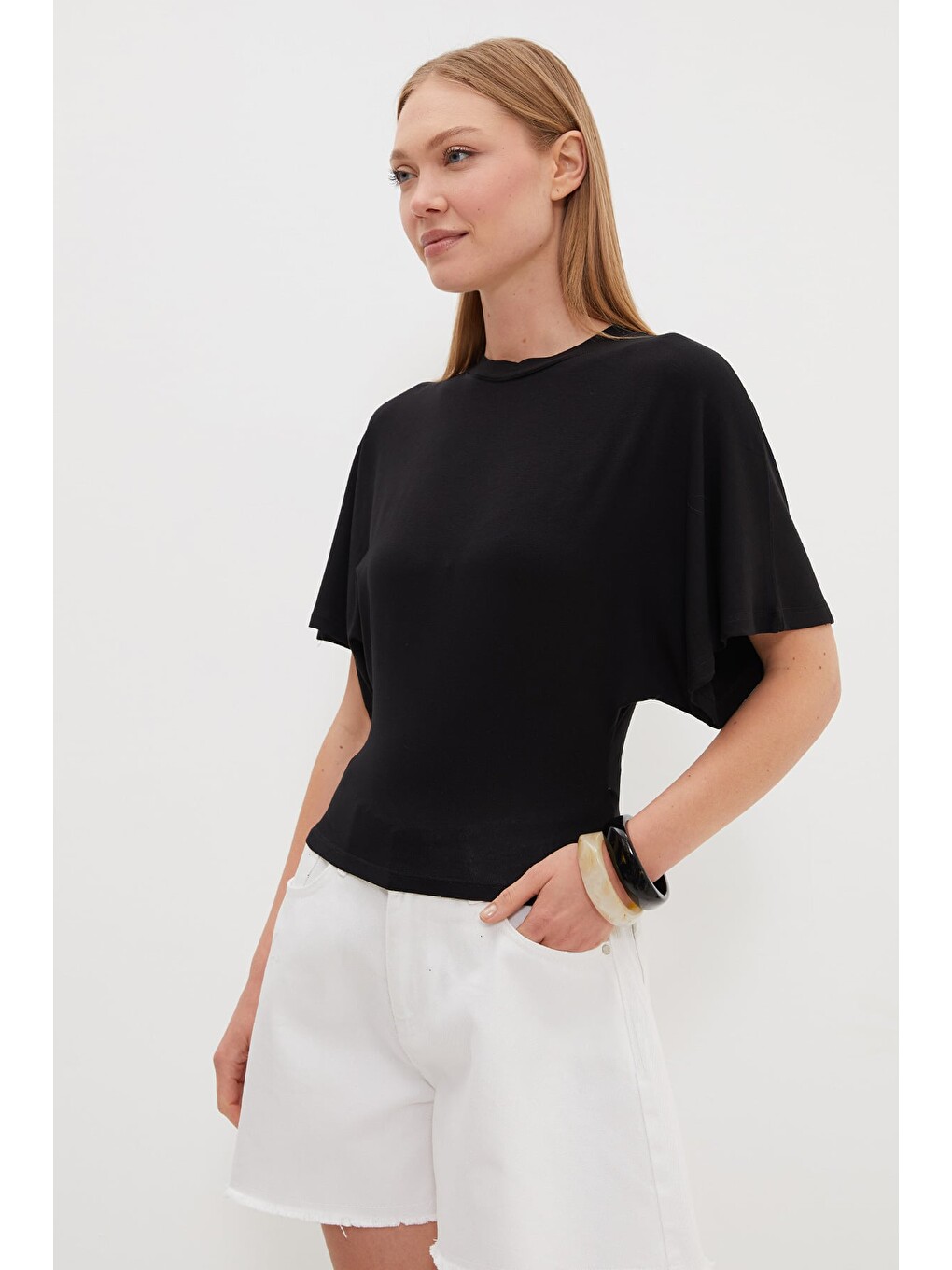 Siyah Yarasa Kol Bisiklet Yaka Crop Bluz-4