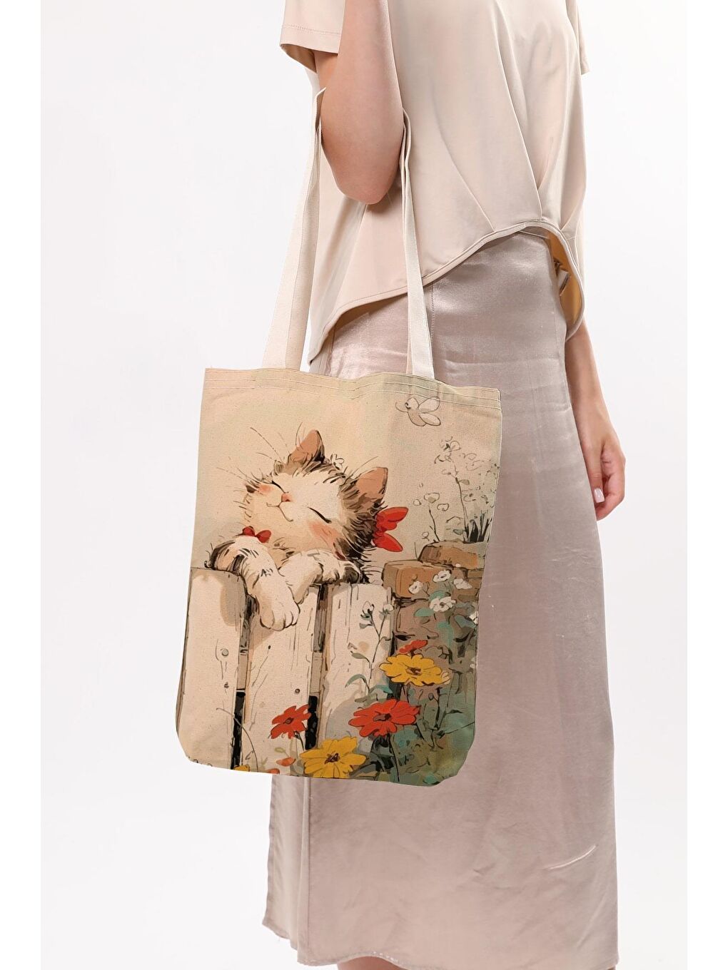 Ekru Kanvas Huzurlu Kedi Baskılı Bez Çanta-4
