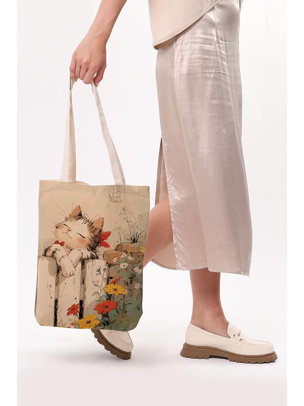 Ekru Kanvas Huzurlu Kedi Baskılı Bez Çanta-5