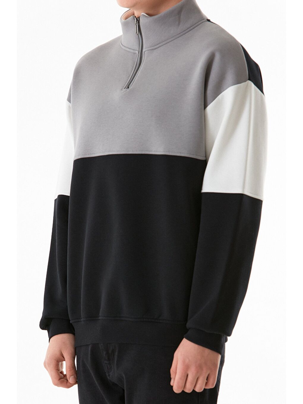 Siyah 3 İplik Renk Bloklu Yarım Fermuarlı Dik Yaka Sweatshirt-4