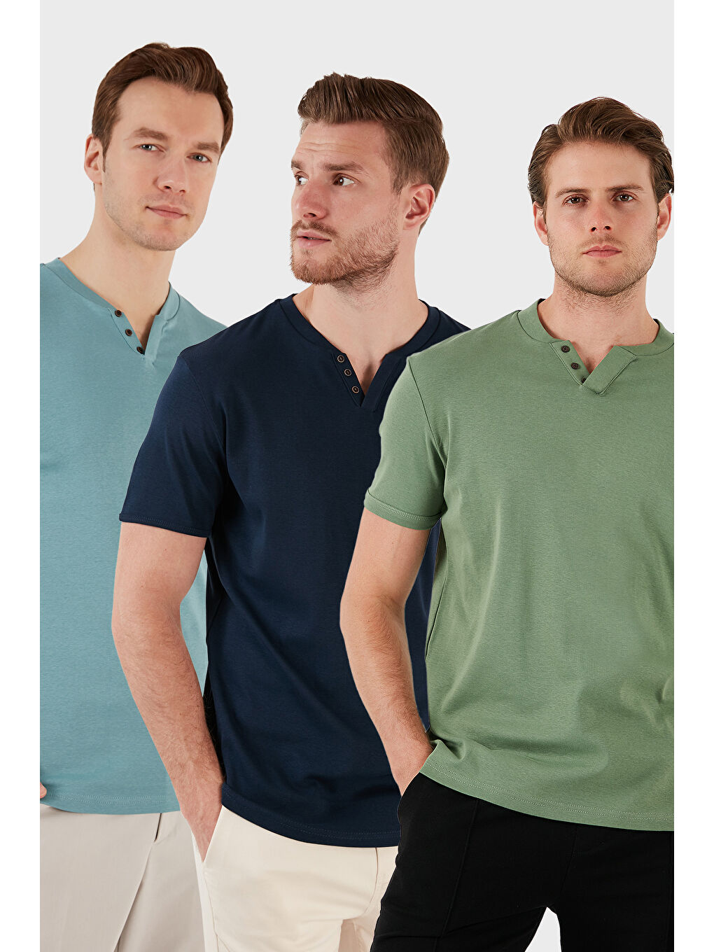 Mavi Pamuklu Düğme Detaylı Slim Fit V Yaka 3'lü Paket %100 Pamuk Tişört 5902122S3