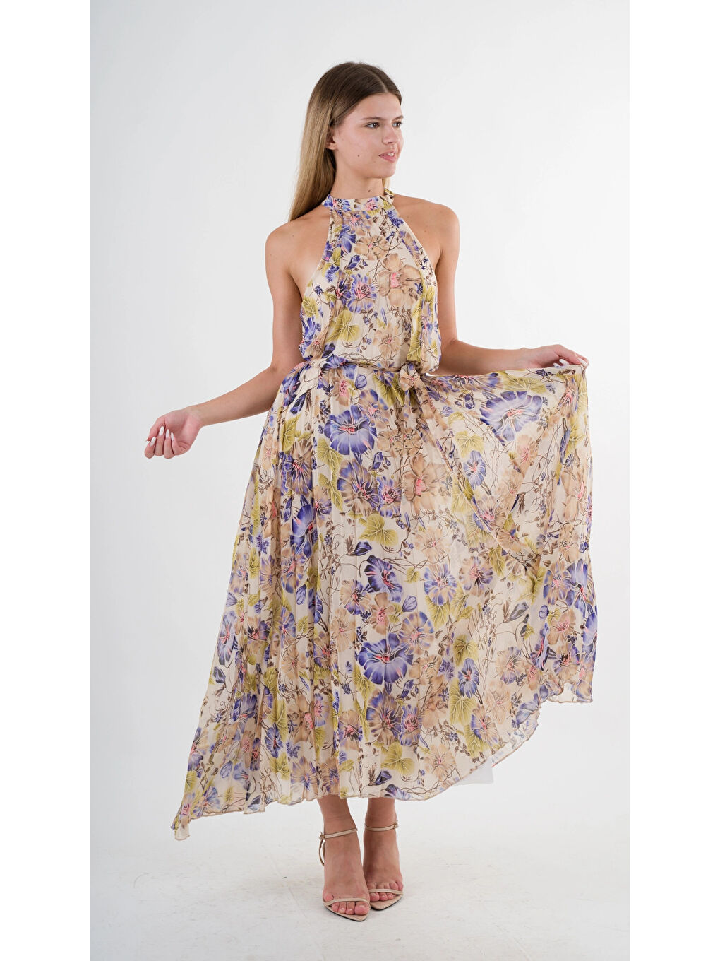 Kadın Mor Çicek Desenli Halter Yaka Kuşaklı Astarlı Uzun Elbise HZL24S-YY233