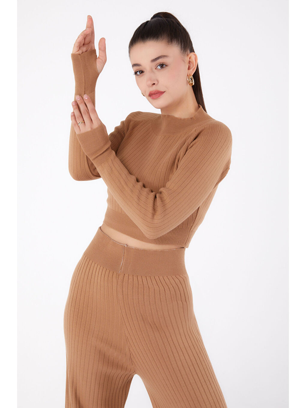 Kahverengi Yarım Balıkçı Yaka Kadın Taba Triko İkili Takıım - 26284-1