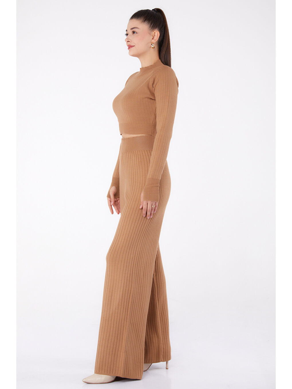 Kahverengi Yarım Balıkçı Yaka Kadın Taba Triko İkili Takıım - 26284-2