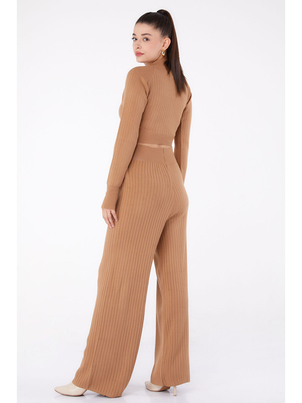Kahverengi Yarım Balıkçı Yaka Kadın Taba Triko İkili Takıım - 26284-3