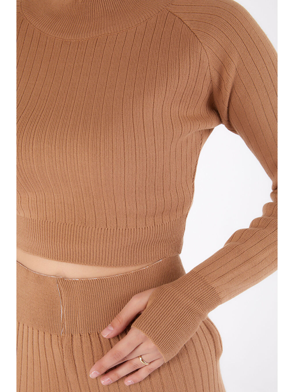 Kahverengi Yarım Balıkçı Yaka Kadın Taba Triko İkili Takıım - 26284-4