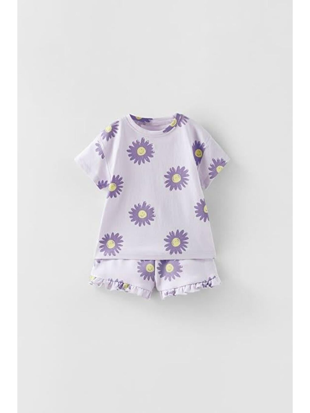 Kız Çocuk Lila Çiçek Desenli Fırfırlı Şortlu Takım - Yazlık Pamuklu Kombin-1