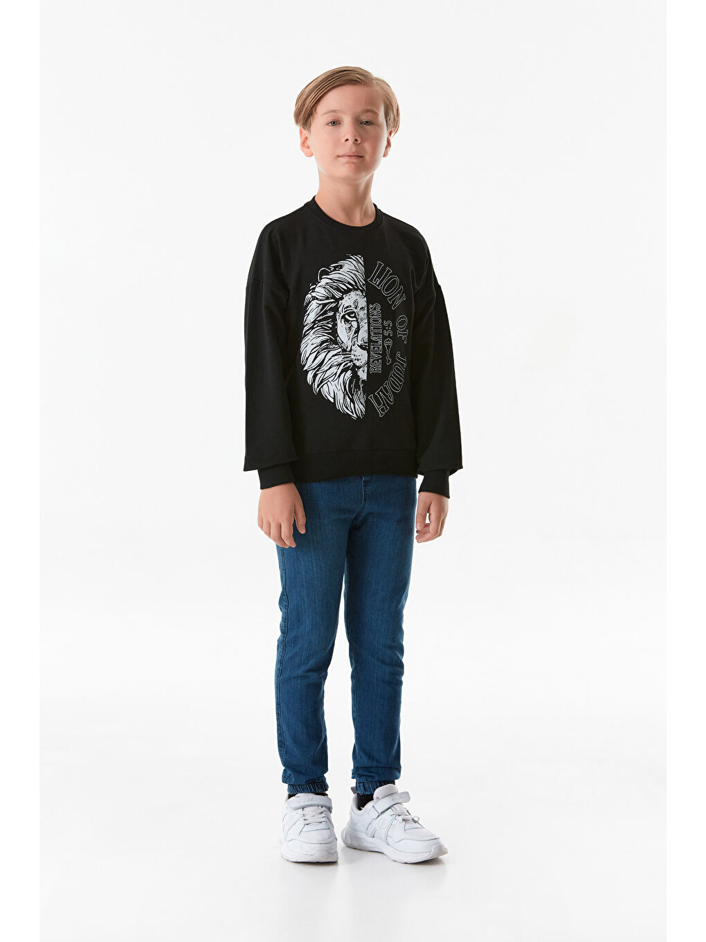 Fullamoda Siyah Aslan Baskılı Bisiklet Yaka Erkek Çocuk Sweatshirt - 1