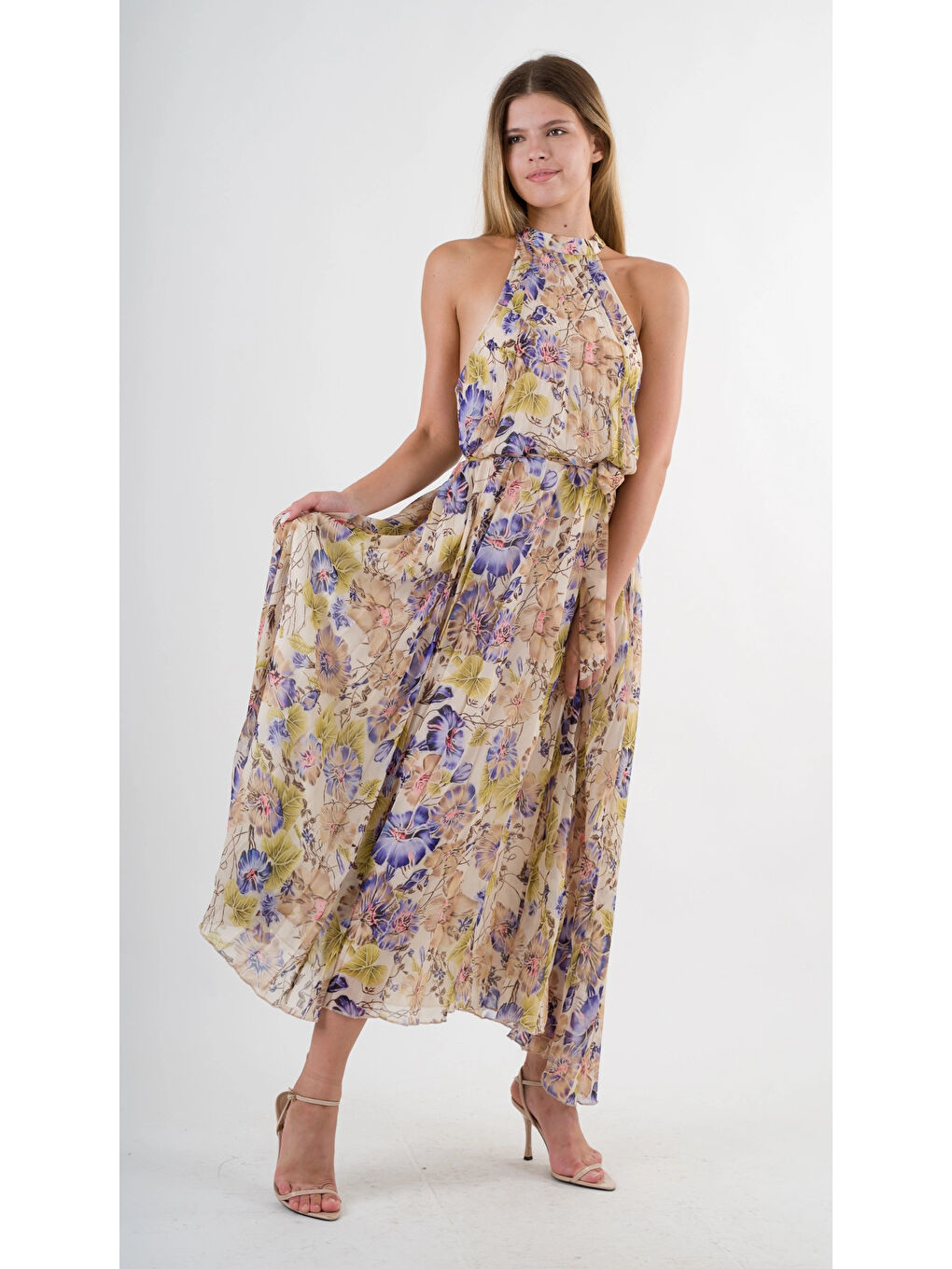 Kadın Mor Çicek Desenli Halter Yaka Kuşaklı Astarlı Uzun Elbise HZL24S-YY233-3