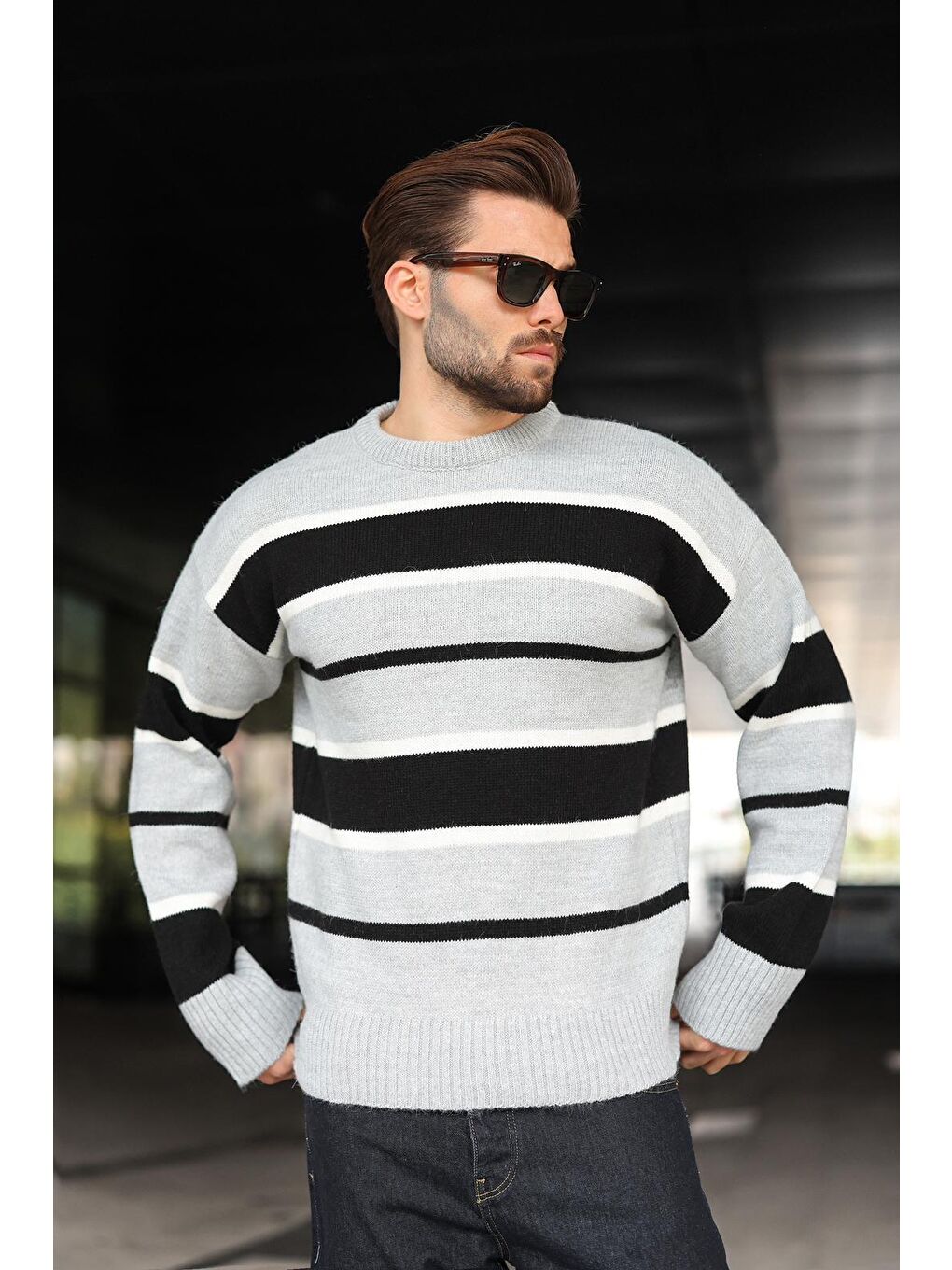 Gri Çizgili Bisiklet Yaka Triko Erkek Kazak E7455-1