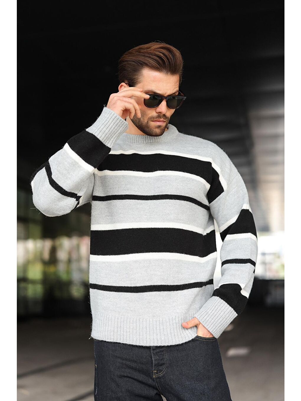 Gri Çizgili Bisiklet Yaka Triko Erkek Kazak E7455-3