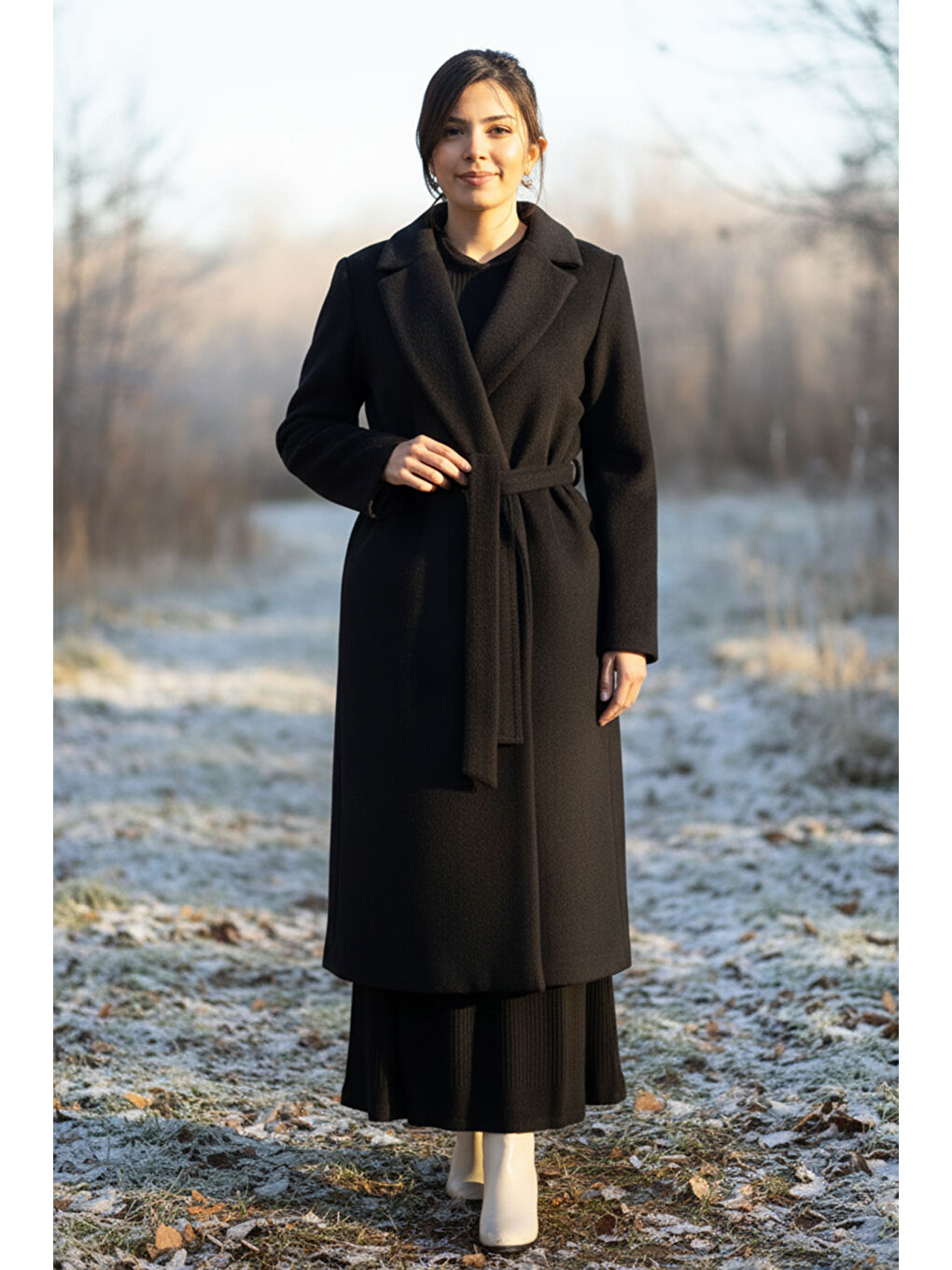 Kadın Kuşak Detay Kaşe Kaban 14334 Siyah