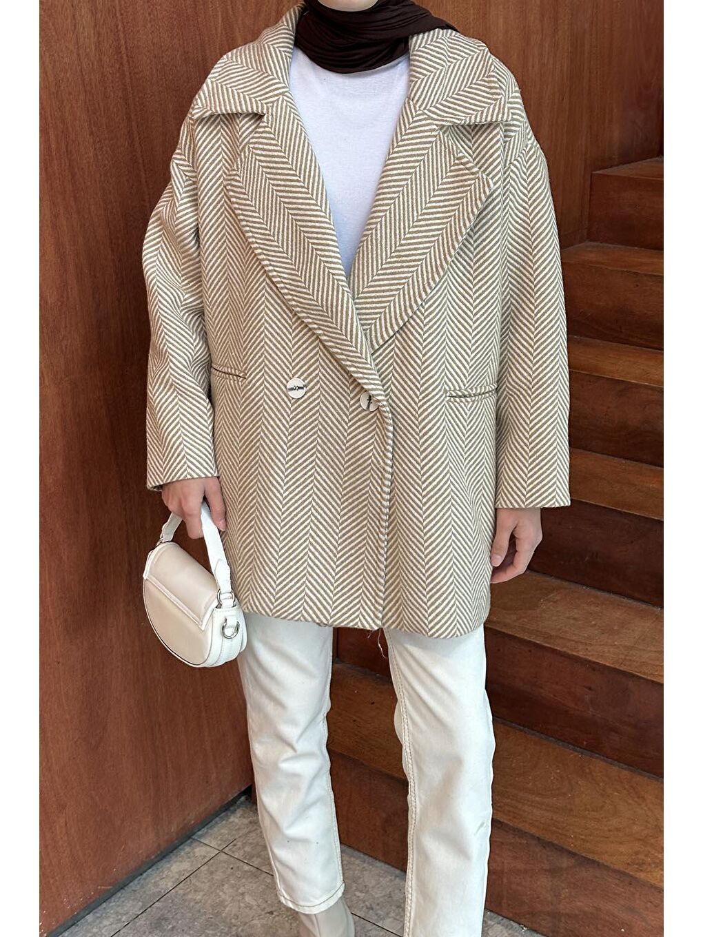 Kahverengi Zikzak Desen Balık Sırtı Kaban Camel-2