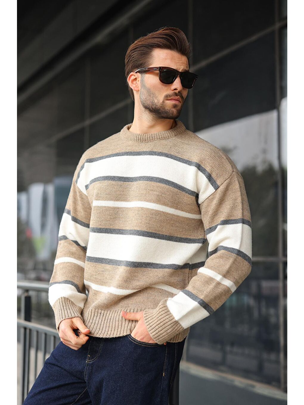 Bej Vizon Çizgili Bisiklet Yaka Triko Erkek Kazak E7455-1