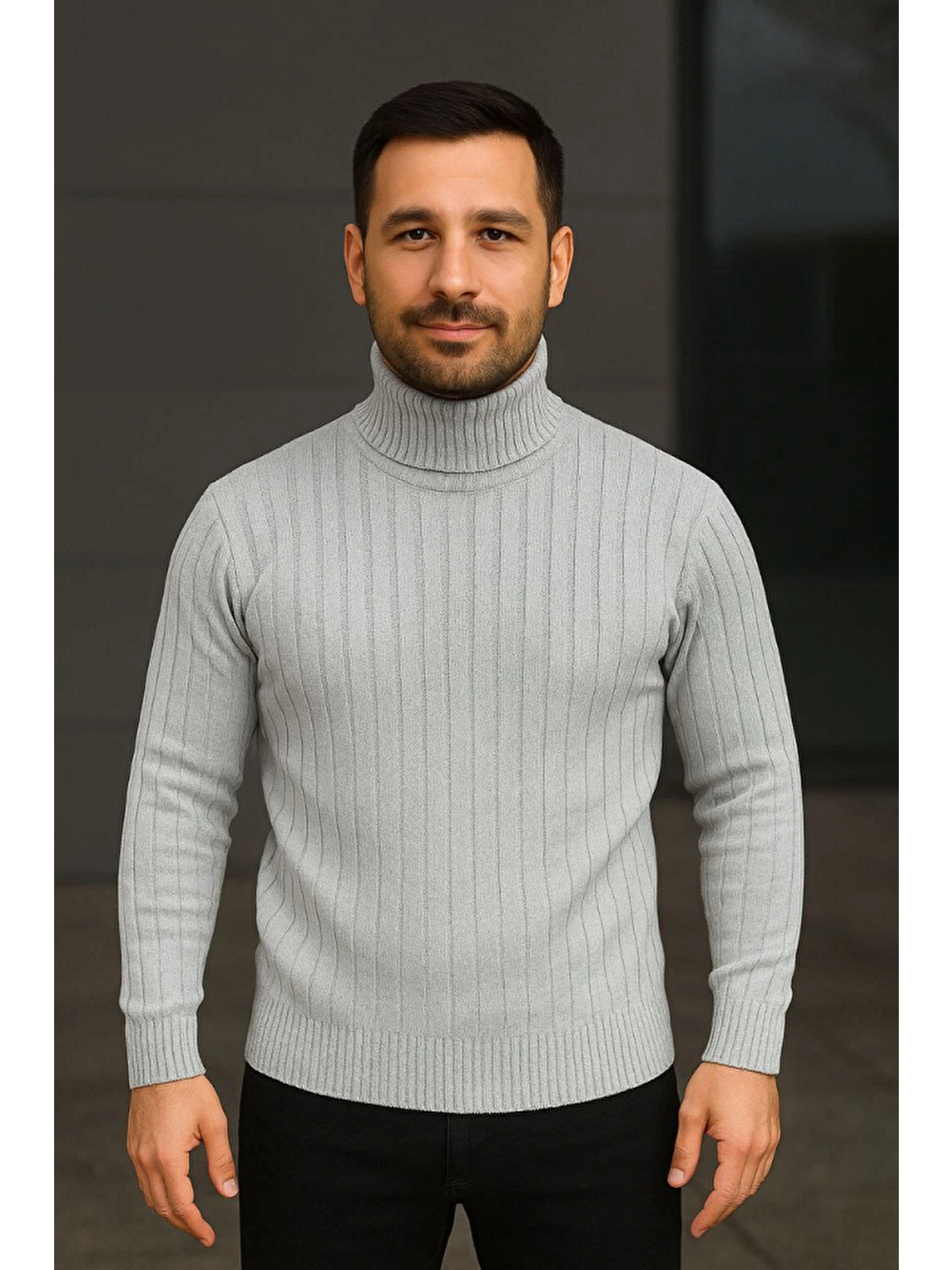 Erkek Fitilli Triko Kazak 2li Set Gri Siyah Regular Balıkcı Yaka Tam Boğazlı Triko Seti Modeli Kazak-1